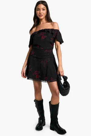 Boohoo Womens Floral Chiffon Bardot Mini Dress - - 16
