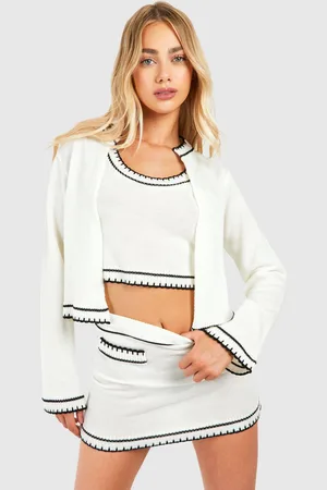 Boohoo Womens Contrast Stitch 3 Piece Knitted Cardigan, Crop Top And Mini Skirt Set - - S