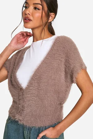 Boohoo Womens Fluffy Knitted Short Sleeve Button Top - - M