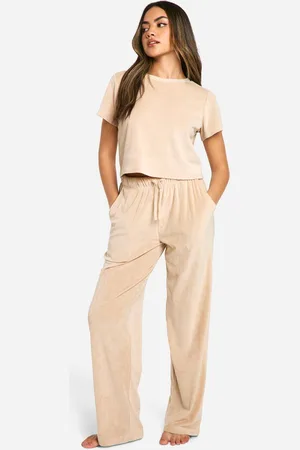 Boohoo Womens Rib Fleece Baby Tee And Wide Leg Trouser Set - - 6