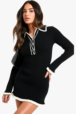 Boohoo Womens Petite Contrast Trim Collared Knitted Skater Dress - - XS