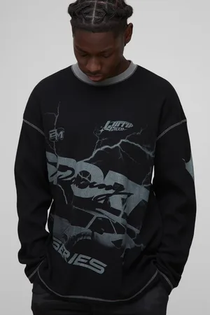 Boohoo Oversized Long Sleeve Printed Waffle Sweatshirt - - M