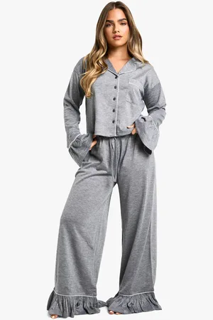 Boohoo Womens Petite Frill Hem Long Sleeve Shirt & Trousers Pyjama Set - - 12