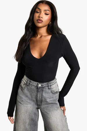 Boohoo Womens Double Layer Slinky Plunge Front Long Sleeve Bodysuit - - 16