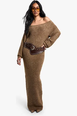 Boohoo Womens Off The Shoulder Borg Knitted Maxi Dress - - M