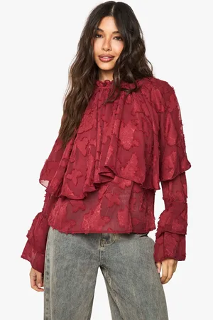 Boohoo Womens Burnout Floral High Neck Ruffle Overlay Tie Cuff Blouse - - 8