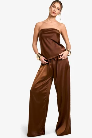 Boohoo Womens Satin Longline Bandeau & Drawstring Waist Wide Leg Trouser Set - - 16