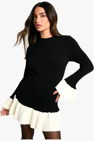 Boohoo Womens Petite Contrast Flare Sleeve Knitted Skater Dress - - L