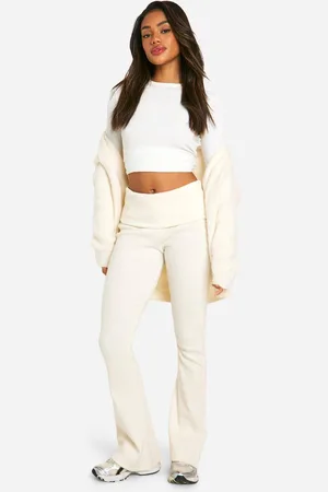 Boohoo Womens Brushed Rib Foldover Waistband Flare Trousers - - 16
