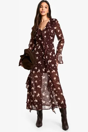 Boohoo Womens Dark Floral Ruffle Midaxi Dress - - 14