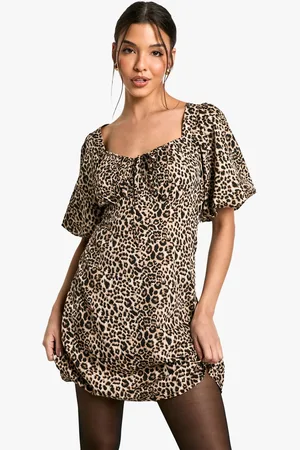 Boohoo Womens Leopard Puff Sleeve Mini Dress - - 18