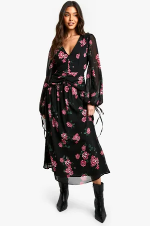 Boohoo Womens Floral Chiffon Ruched Waist Midaxi Dress - - 14