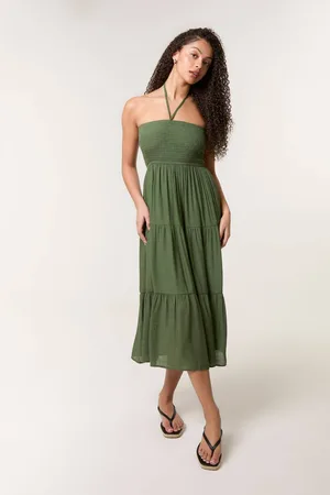 Blue Vanilla Womens Khaki Bandeau Tiered Midi Dress - - L/XL