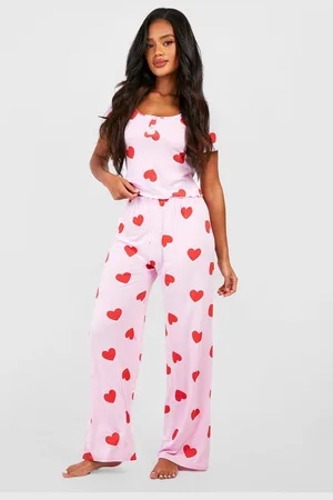 Boohoo Womens Heart Print Button Front Cami Top & Trousers Pyjama Set - - 14