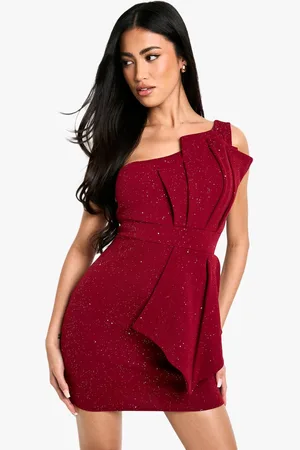 Boohoo Womens Glitter One Shoulder Pleat Detail Bodycon Dress - - 14