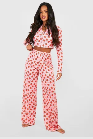 Boohoo Womens Strawberry Print Button Front Long Sleeve Top & Trousers Pyjama Set - - 16