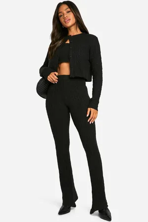 Boohoo Womens Soft Cable Knitted Cardigan, Crop Top And Flare Leg Trouser 3 Piece Set - - L