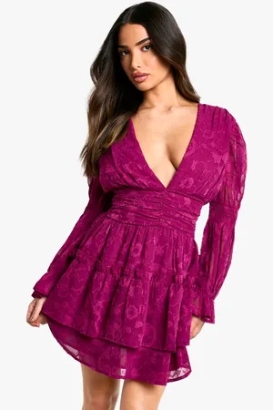 Boohoo Womens Petite Paisley Burnout Puff Sleeve Ruched Skater Dress - - 14