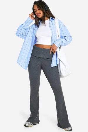 Boohoo Womens Brushed Rib Foldover Waistband Flare Trousers - - 14