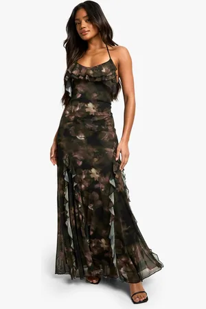 Boohoo Womens Floral Ruffle Printed Mesh Maxi Dress - - 18