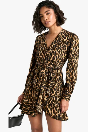 Boohoo Womens Tall Leopard Print Ruffle Woven Wrap Dress - - 10