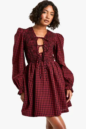 Boohoo Womens Tall Check Volume Sleeve Tie Front Mini Skater Dress - - 10