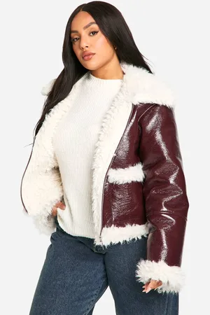 Boohoo Womens Plus Vinyl Faux Fur Trim Jacket - - 24