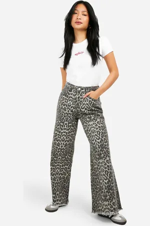 Boohoo Womens Petite Leopard Straight Leg Jean - - 8