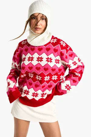 Boohoo Womens Christmas Fairisle Heart Knitted Jumper - - L