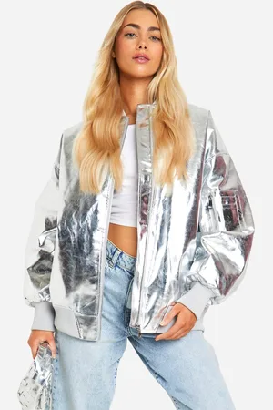 Boohoo Womens Metallic Oversized Faux Leather Bomber Jacket - - 14