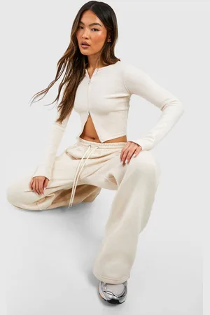 Boohoo Womens Double Zip Long Sleeve Rib Top And Straight Leg Jogger Set - - XL