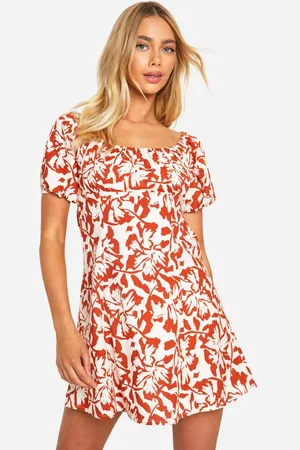 Boohoo Womens Floral Cotton Blend Puff Sleeve Skater Dress - - 8