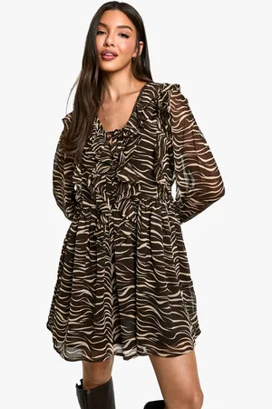 Boohoo Womens Zebra Ruffle Smock Dress - - 18