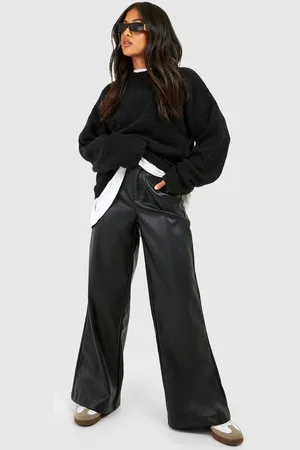 Boohoo Womens Petite Leather Look Wide Fit Trousers - - 6