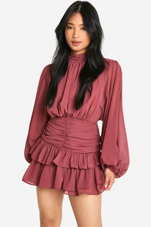 Boohoo Womens Petite Chiffon High Neck Ruched Skater Dress - - 14