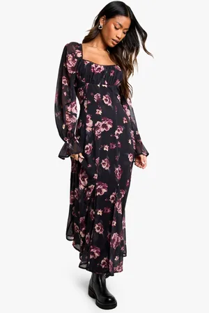 Boohoo Womens Floral Milkmaid Godet Hem Midaxi Dress - - 8