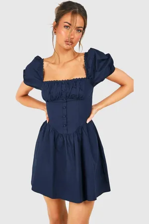 Boohoo Womens Puff Sleeve Cotton Rouched Milkmaid Mini Dress - - 16