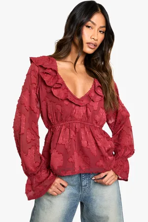 Boohoo Womens Burnout Floral Ruffle Neck And Cuff Blouse - - 10