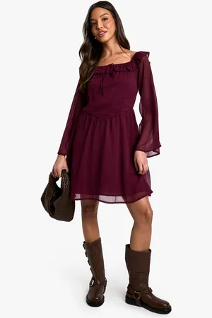 Boohoo Womens Crinkle Chiffon Bardot Skater Dress - - 14