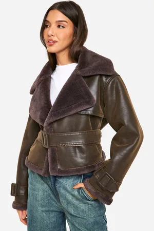 Boohoo Womens Luxe Faux Fur Trim Belted Aviator - - 16