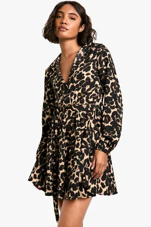 Boohoo Womens Tall Leopard Print Skater Shirt Dress - - 8