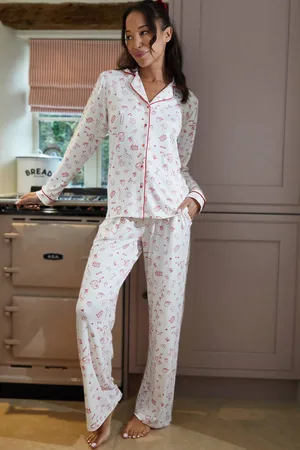 Threadbare Womens Printed Long Button-Through Pyjama Set - - 12