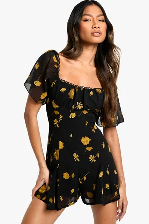 Boohoo Womens Floral Printed Milkmaid Godet Hem Playsuit - - 10