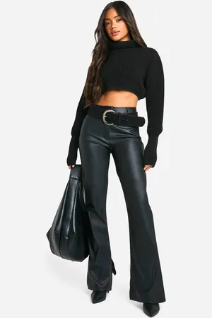 Boohoo Womens Leather Look Split Hem Straight Fit Trousers - - 16