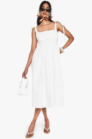 Boohoo Womens Cotton Ruched Bust Shoulder Tie Midi Dress - - 18