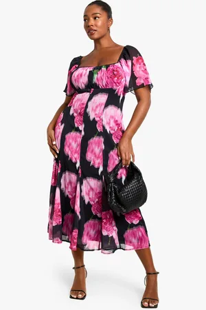 Boohoo Womens PLUS PRINTED FLORAL LACE TRIM MIDAXI DRESS - - 18