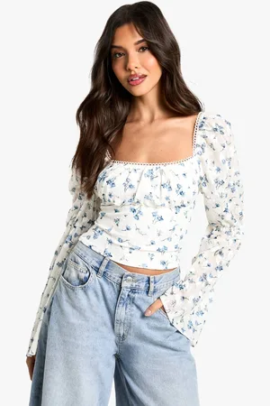 Boohoo Womens Lace Floral Flare Sleeve Milkmaid Top - - 10