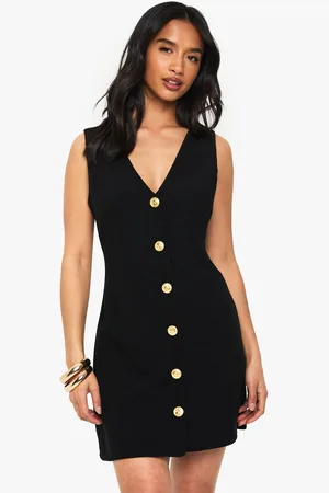 Boohoo Womens Petite Gold Button V Neck Shift Dress - - 14
