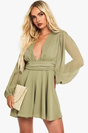 Boohoo Womens Chiffon Plunge Ruched Waist Playsuit - - 8