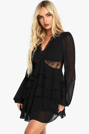 Boohoo Womens Lace Insert Ruffle Mini Dress - - 10